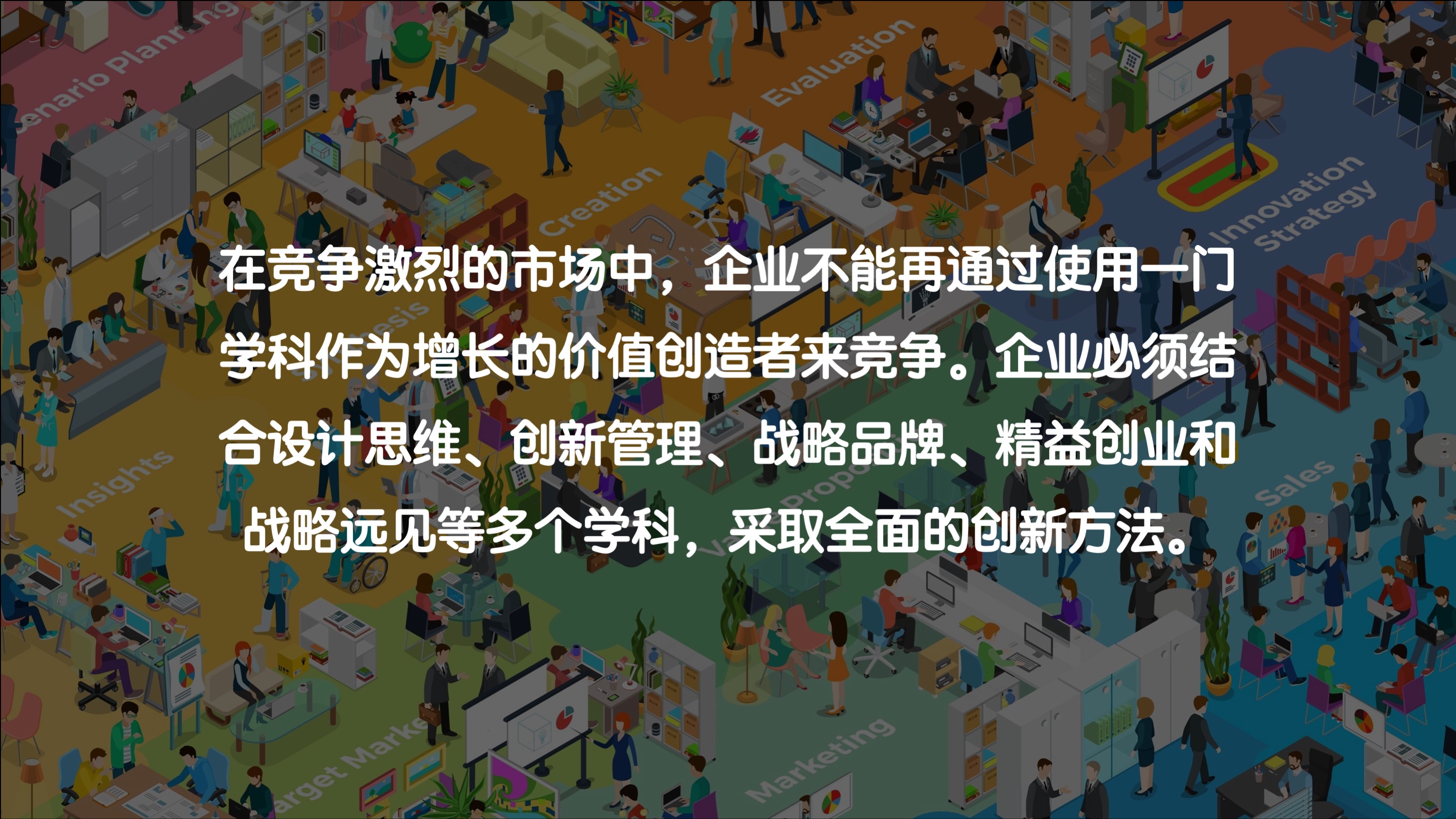 " Sua 在竞争激烈的市场中，企业不能再通过使用一门 学科作为增长的价值创造者来竞争。企业必须结 合设计思维、创新管理、战略品牌、精益创业和 cae 战略远见等多个学科，采取全面的创新方法。